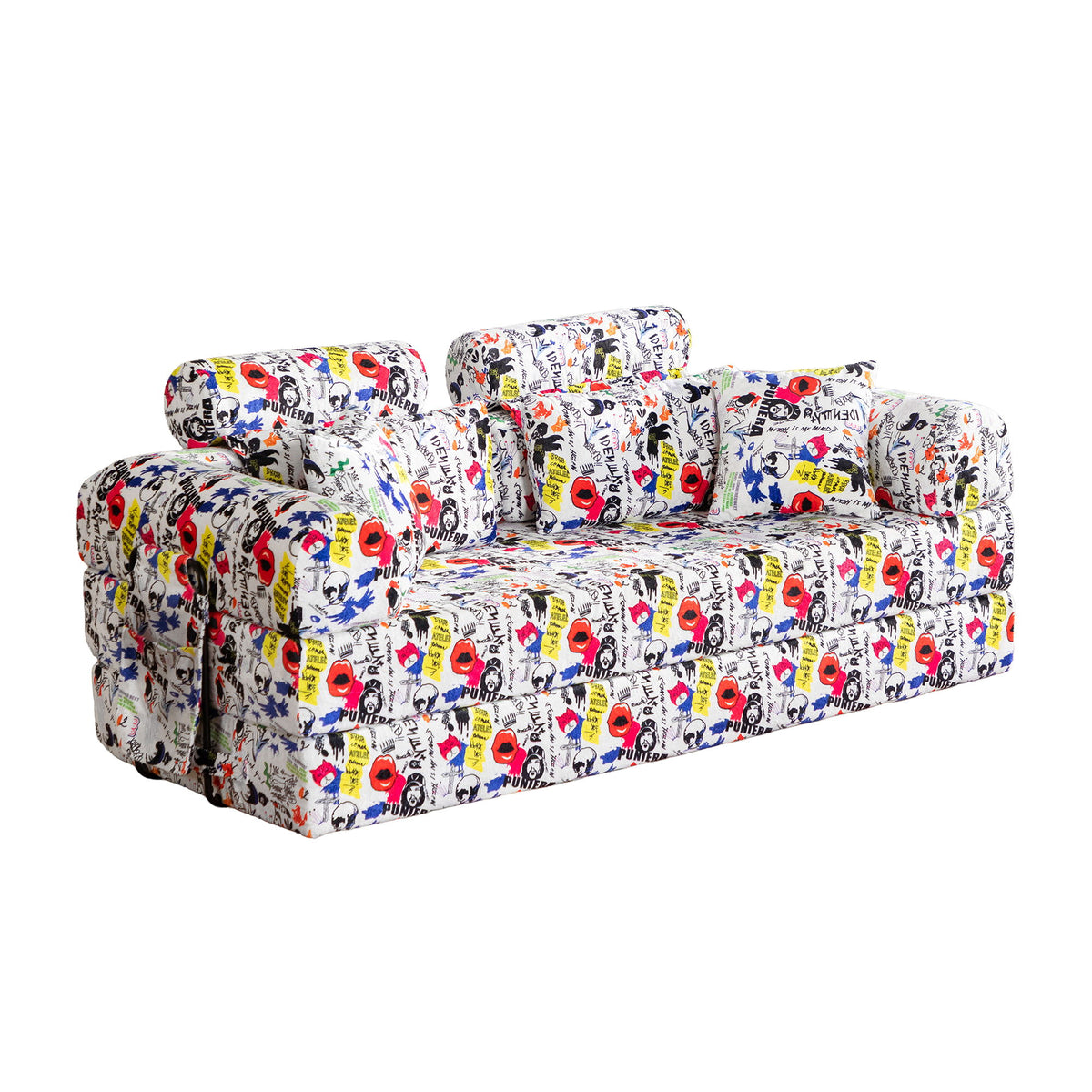 Pop Graffiti Printed Convertible Sleeper Sofa Bed, Foldable Multi Functional Couch For Living Room - White