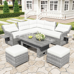 Outdoor Furniture Set Patio Rattan Furniture Set With Adjustable Table, Recliners With Extendable Side Tables And 2 Ottomans