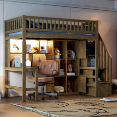 Loft Bed With Built In L Shaped Desk, LED Lights, Storage Shelves, Cabinets, And Staircase