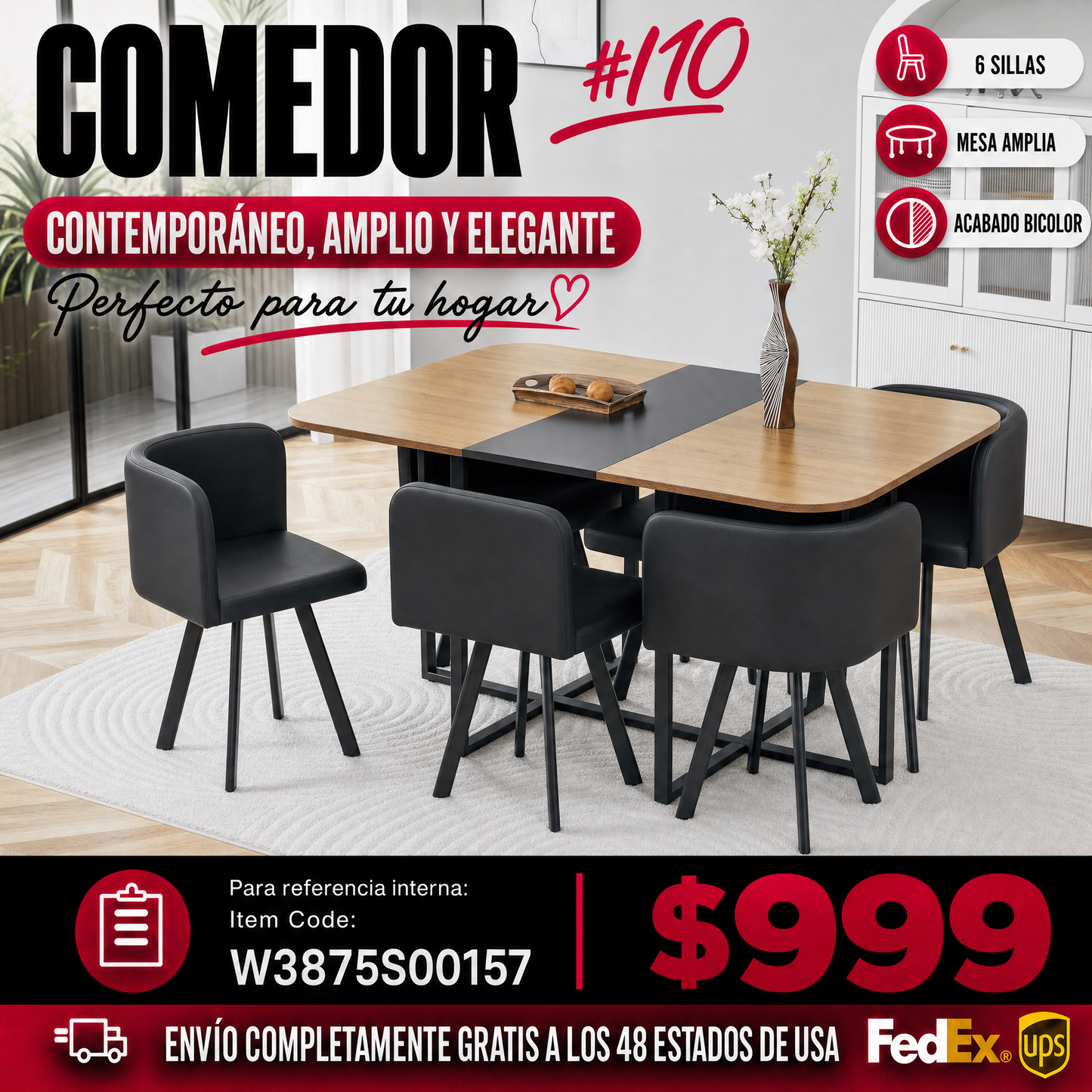 Comedor Rectangular 6 Puestos - Madera y PU Negro 48 - 010