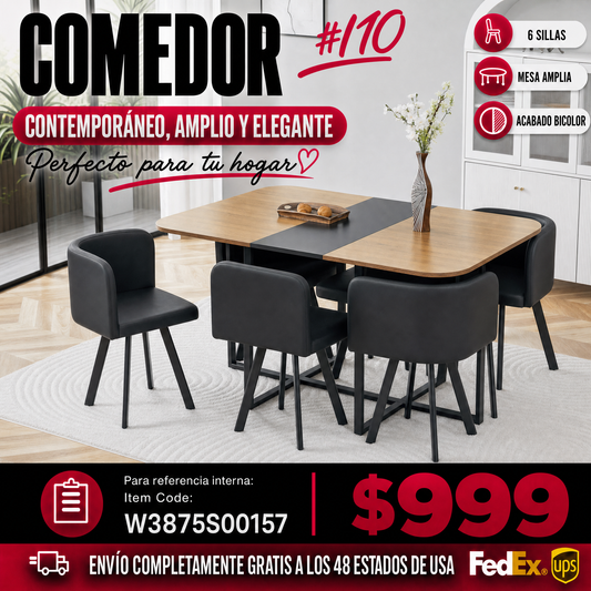 Comedor Rectangular 6 Puestos - Madera y PU Negro 48 - 010