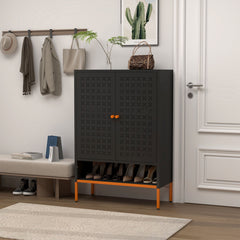 Grid Double Door Shoe Cabinet With Adjustable Compartments And Moisture-Proof Design In White Metal