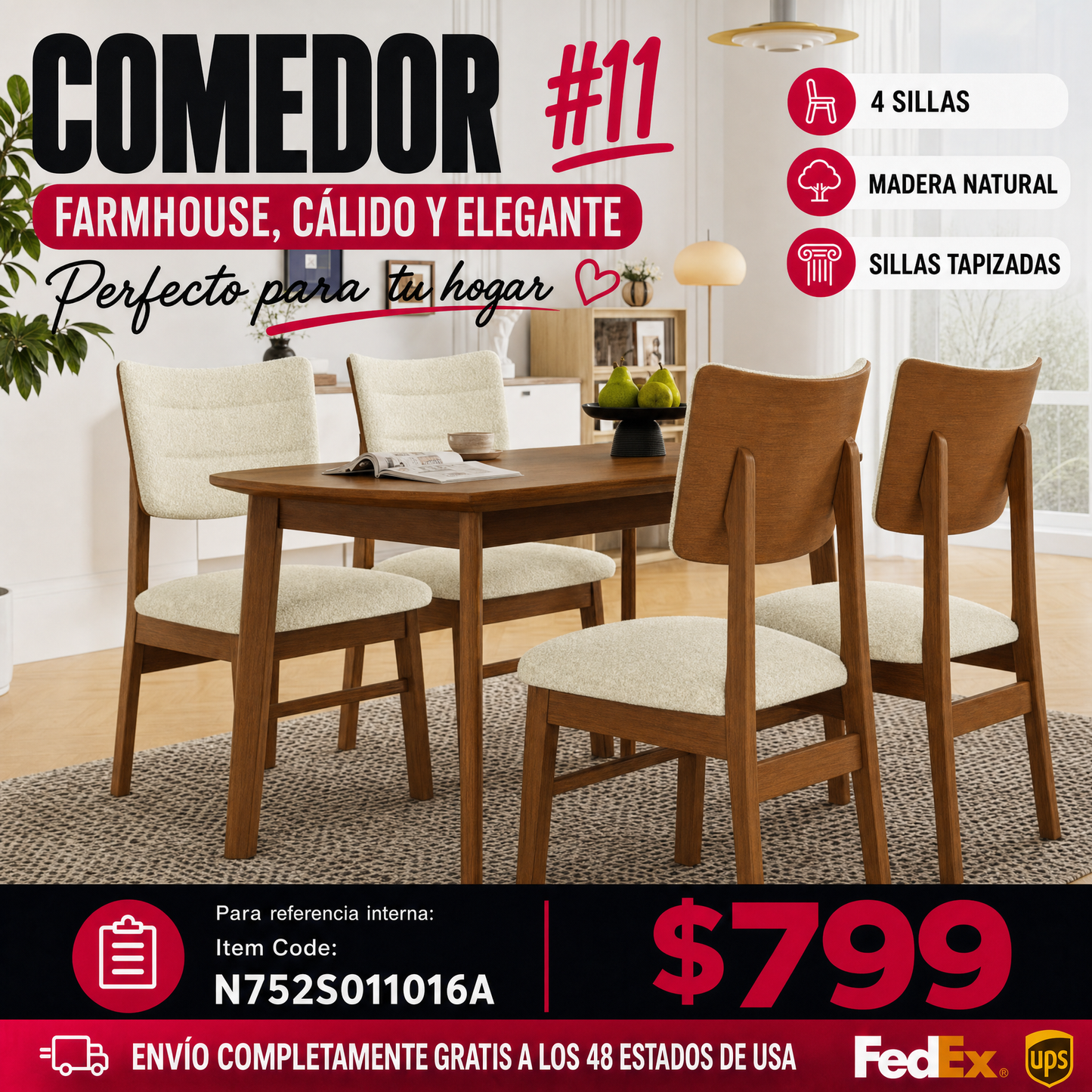 COMEDOR #11-Farmhouse Dining Table Set for 4, Wood Kitchen Table & 4 Upholstered Chairs with Sturdy Rubber Wood Frame, Padded Seat, Curved Backrest, Space-Saving Dinette Set for Dining Room, Brown+Biege