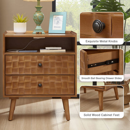 Nightstand With Charging Station, 2 Drawer Bedside Table With Shelf And USB / AC Ports