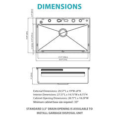 30" Single Bowl Kitchen Sink With Smart LED Faucet