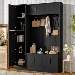 Tall Hall Tree With Shoe Storage, 4 In 1 Entryway Bench With 6 Cabinets, 4 Coat Hooks & Adjustable Shelf For Hallway - Black