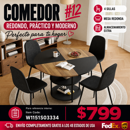 COMEDOR #12-Table and chair set.A 47.3-inch diameter modern splicing circular dining table - double-layer storage.Paired With 4 Black Linen-Cotton Material High Resilience Dining Chair with Metal Black Leg.