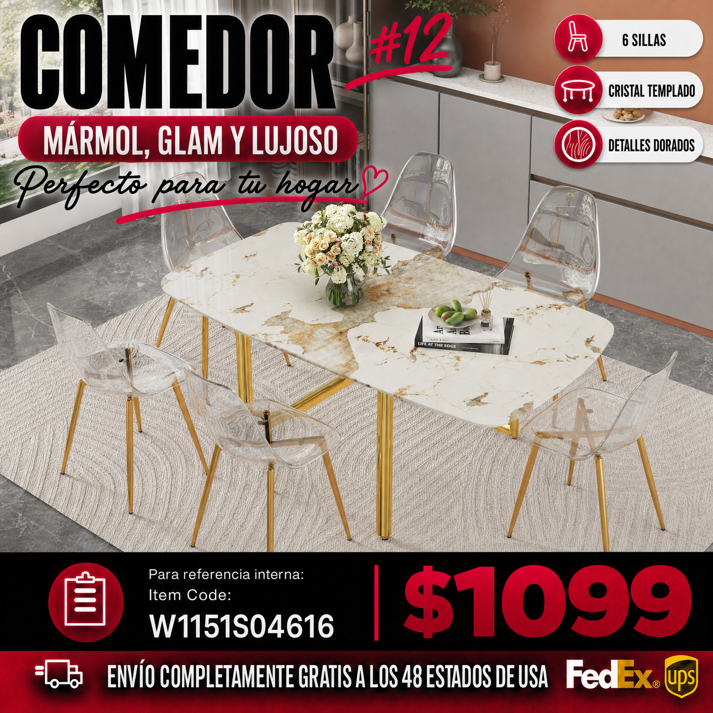 Comedor 6 Puestos - Vidrio Templado Marmol, Dorado y Sillas Transparentes 48 - 012