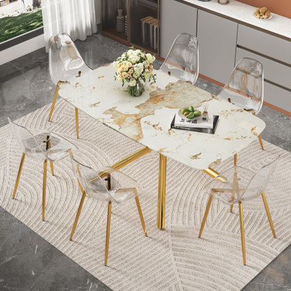 Comedor 6 Puestos - Vidrio Templado Marmol, Dorado y Sillas Transparentes 48 - 012