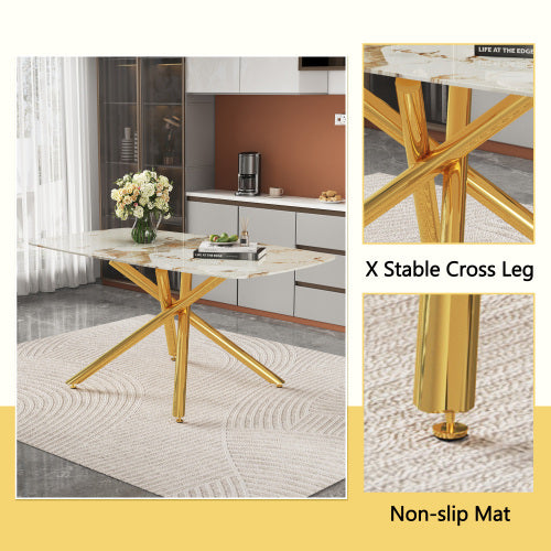 Comedor 6 Puestos - Vidrio Templado Marmol, Dorado y Sillas Transparentes 48 - 012