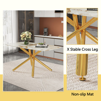 Comedor 6 Puestos - Vidrio Templado Marmol, Dorado y Sillas Transparentes 48 - 012