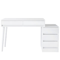 Glossy Desk With 5 Drawers & Printer Stand, Reversible Home Office Computer And Vanity Table For Small Spaces - White
