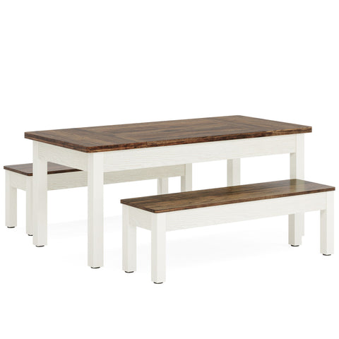 Dining Table Set For 4 - 6 With Tuck Under Benches - Brown / White