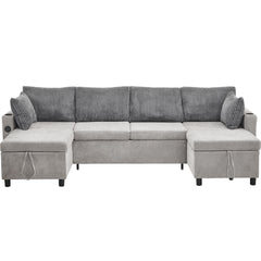 Sectional Sofa Bed With Pull Out Sleeper, USB Ports, Cup Holders