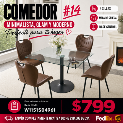 COMEDOR #14-Table and chair set.51 × 31.5-inch tempered glass dining table, paired with a set of 4 Black PU dining chairs. Modern light luxury home restaurant table and chair combination.