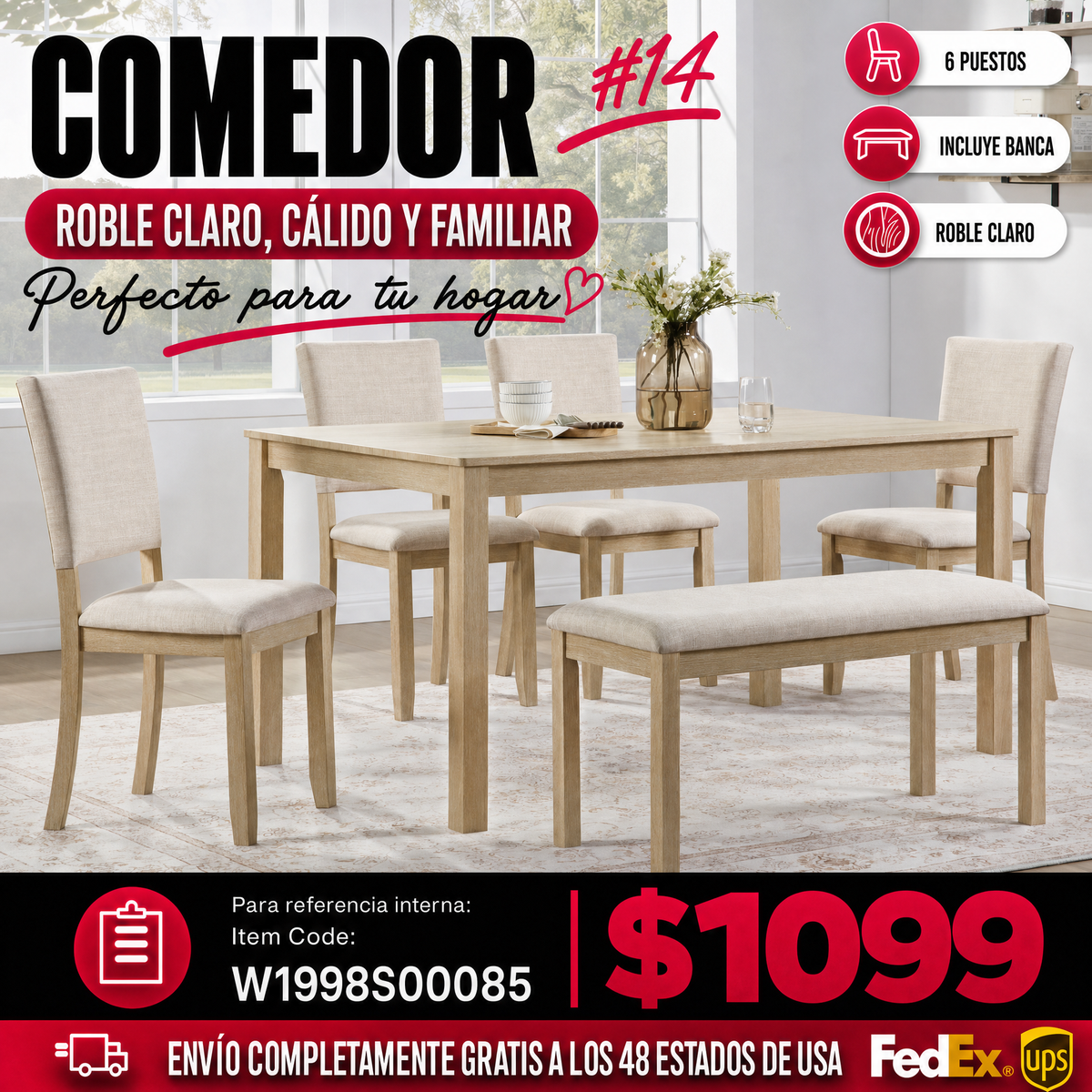 Comedor Rectangular 6 Piezas - Madera Clara y Tapizado Beige 48 - 014