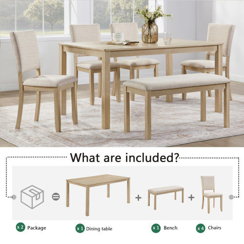 Comedor Rectangular 6 Piezas - Madera Clara y Tapizado Beige 48 - 014