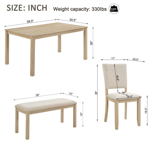 Comedor Rectangular 6 Piezas - Madera Clara y Tapizado Beige 48 - 014