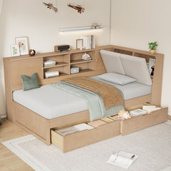 L-Shaped Daybed Corner Bed Under Bed Drawers With Storage Bookcase And Upholstered Headboard And USB Charging Ports