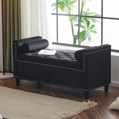 Queen Velvet Button Bedside Storage Bench With Armrests, Nailhead Trim