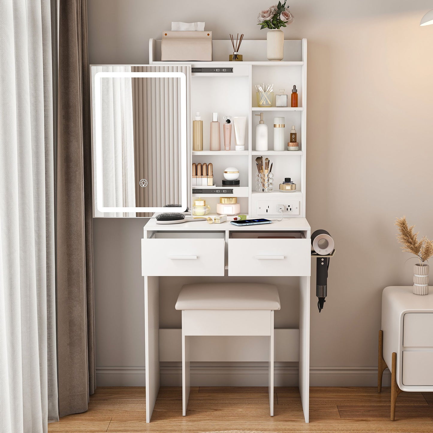 Space Saving Makeup Vanity Desk With Mirror & Adjustable Led Lights, Built-In Power Outlet, Hidden Storage, Includes Stool & Shelf - White
