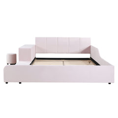 Upholstered Grounded Bed, With Bedside Desk And Little Round Stool