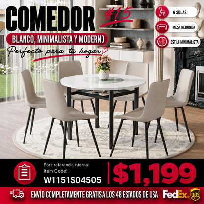 Comedor Redondo Minimalista 6 Puestos - Blanco y Sintético Gris 48 - 015