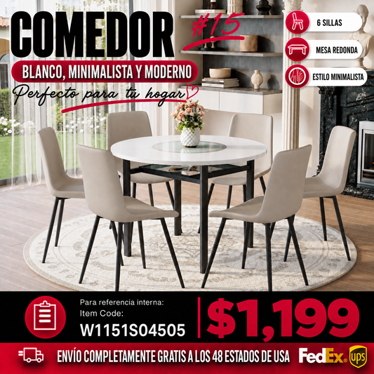 Comedor Redondo Minimalista 6 Puestos - Blanco y Sintético Gris 48 - 015