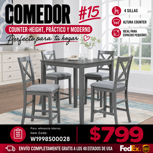 COMEDOR #15 5 Piece Dining Table Set, Wooden Dining Square Table Set for 4, Counter Height Kitchen Table Set with Square Table and 4 Upholstered Chairs for Small Space, Gray