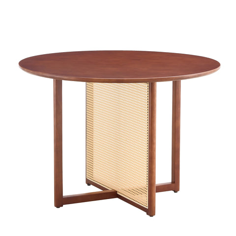 Retro Round Table With Imitation Rattan Rubber Wood - Walnut