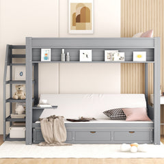 Wood Full Size Convertible Bunk Bed With Storage Staircase, Bedside Table, And 3 Drawers - Gray