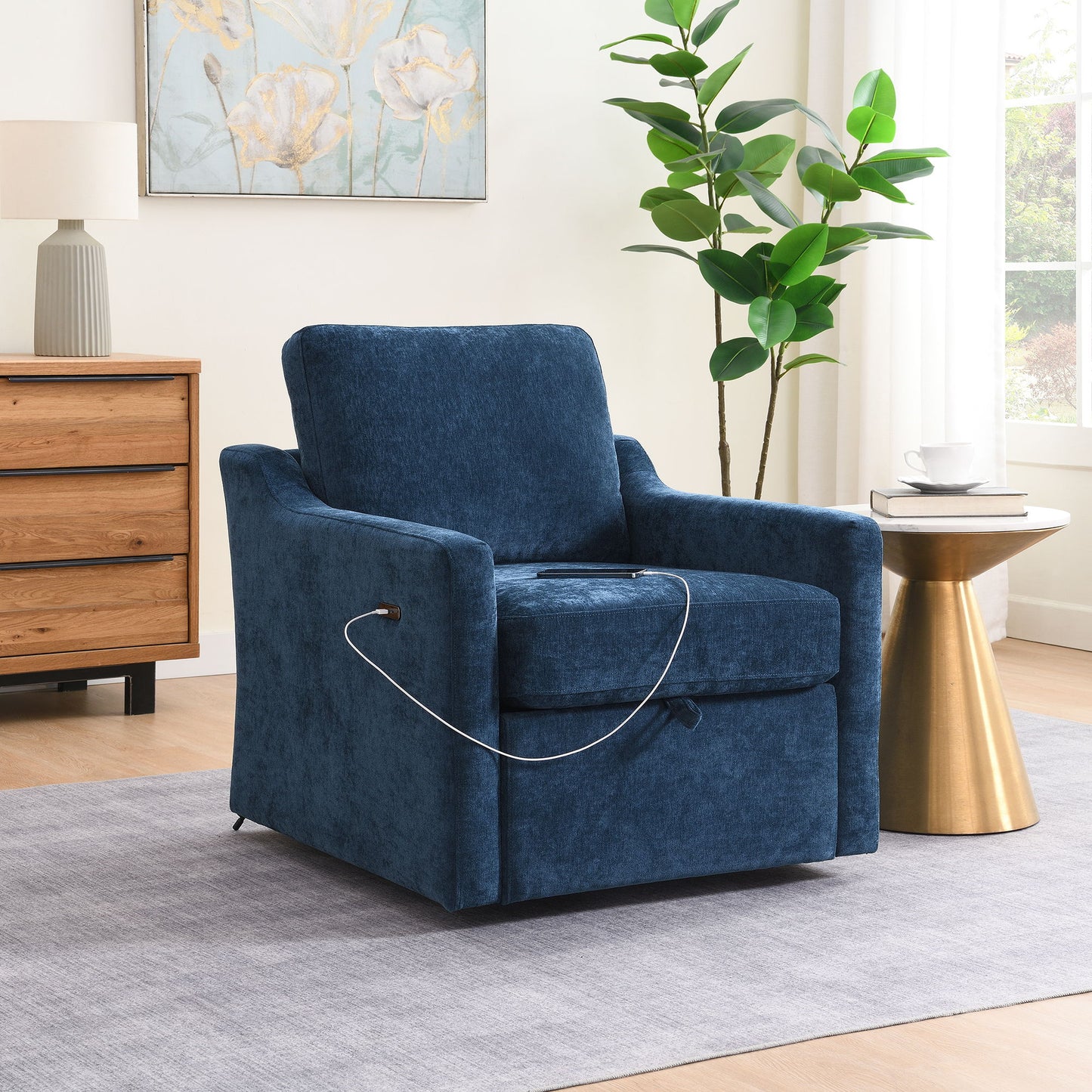 Swivel Arm Chair With USB Type-C Charging And Book Pocket