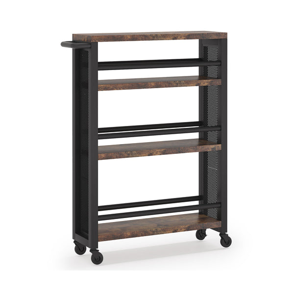Slim 4 Tier Rolling Utility Cart With Wheels, Narrow Kitchen Storage Trolley - Brown / Black