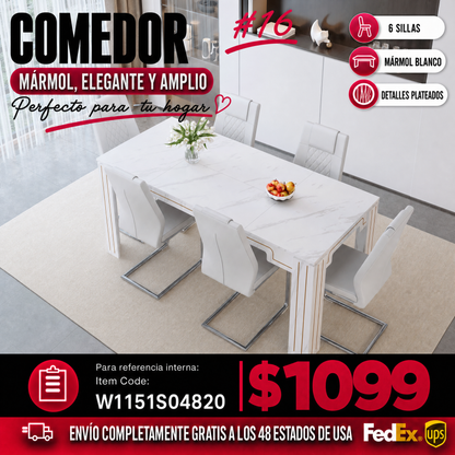 Comedor Rectangular 6 Puestos - Mármol y Plateado 48 - 016