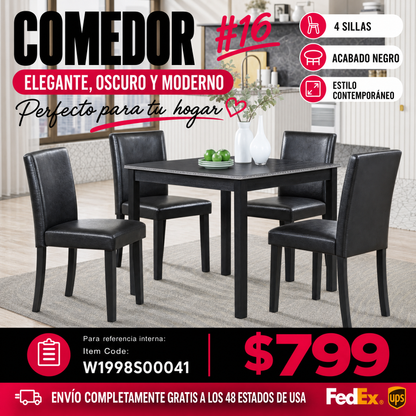 COMEDOR #16-5 Piece Wooden Dining Table Set, Kitchen Table Set with a Square Table and 4 Upholstered Chairs, Wooden Dining Room Table with Crystal Decoration and Chairs Set for Kitchen, Dining Room, Black