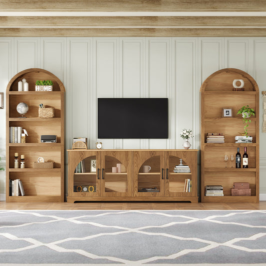 3 Piece TV Stand Set With Bookshelf With Arched Design For Living Room - Brown
