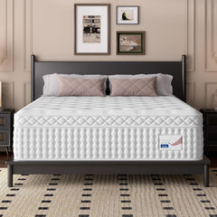 14" King Hybrid Mattress, Memory Foam & Pocket Spring Bed, Medium Firm Comfort, Spine Support, Quiet & Breathable - White