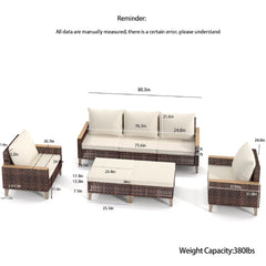 5 Piece Rattan Terrace Furniture Set, 7 Seats Cushions, High Footed Design