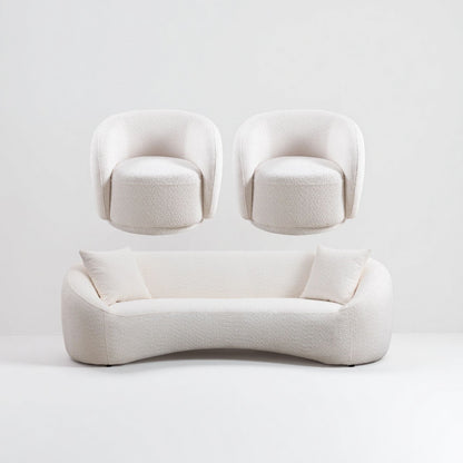 3 Piece Set Curved Sofa, Upholstered 3 Seater With Tight Curved Back For Living Room - White