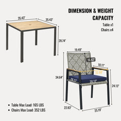 5 Piece Patio Dining Table Set, Acacia Wood Table Top With Umbrella Hole