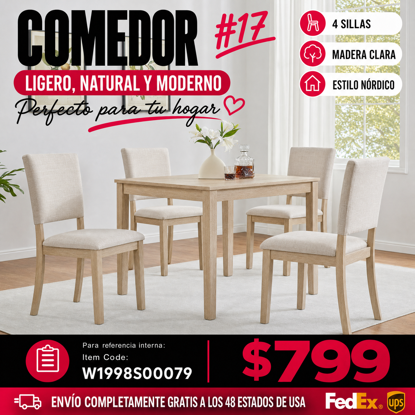 COMEDOR #17-Modern 4 Person Dining Table Set with 4 Chairs, Dining Table Set for 4 People, 5-piece Wooden Dining Table Set for Living Room, Kitchen and Dining Room, Light Oak + Beige