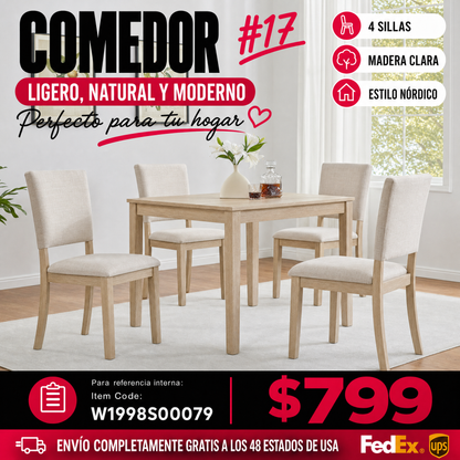 COMEDOR #17-Modern 4 Person Dining Table Set with 4 Chairs, Dining Table Set for 4 People, 5-piece Wooden Dining Table Set for Living Room, Kitchen and Dining Room, Light Oak + Beige