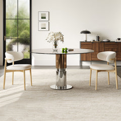 Round Glass Dining Table With Stainless Steel Legs And Chairs