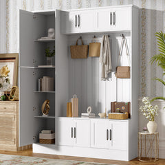 Tall Hall Tree With Shoe Storage, 4 In 1 Entryway Bench With 6 Cabinets, 4 Coat Hooks & Adjustable Shelf For Hallway - White