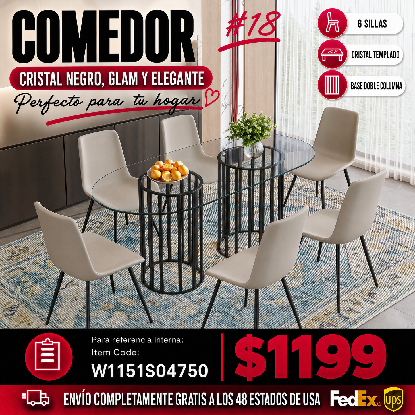 Comedor Ovalado de Vidrio Templado 6 Puestos - Metal y Sintético Gris 48 - 018