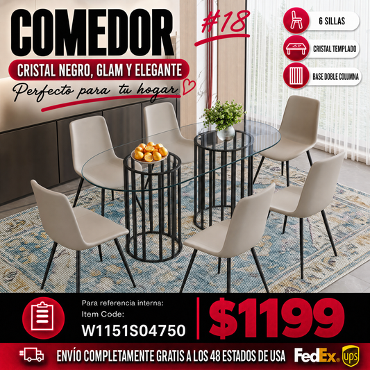 Comedor Ovalado de Vidrio Templado 6 Puestos - Metal y Sintético Gris 48 - 018