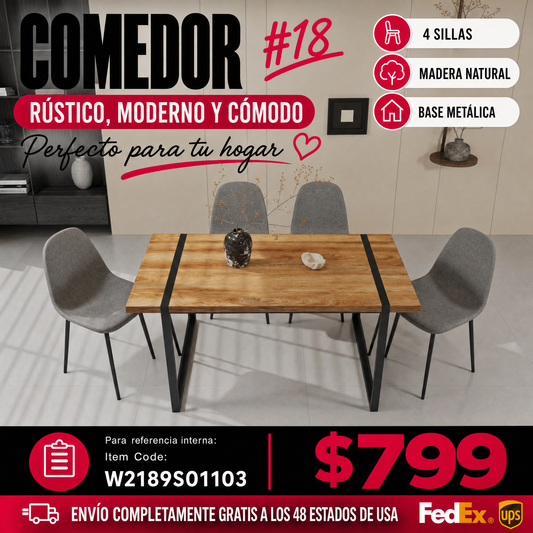 COMEDOR 18-59" MDF natural wood dining table and modern dining chair set of 4 pieces, medieval wooden kitchen dining table set, black rectangular metal base, dining table and suede chair set
