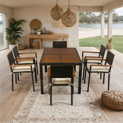 7 Piece Outdoor Patio Wicker Dining Set Patio Wicker Furniture Dining Set With Top - Brown / Cream