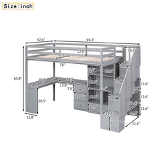 Loft Bed With L Shaped Desk, Drawers, Cabinet, And Storage Staircase