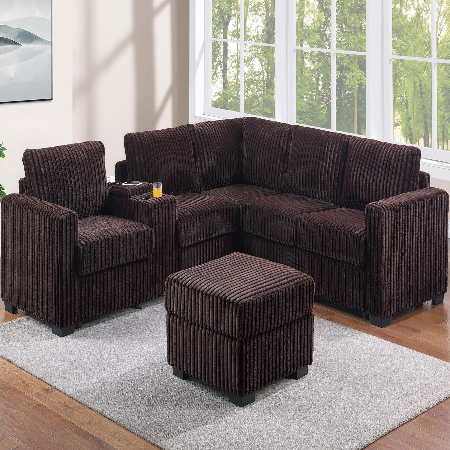 Contemporary L-Shaped Sectional Set With USB Console & Ottoman